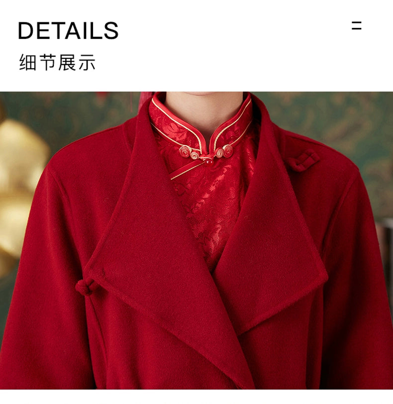 Women's 2025 A/W New Chinese National Wind Black Double-sided Cashmere Coat | Retro Button Mid-length Woolen Outerwear