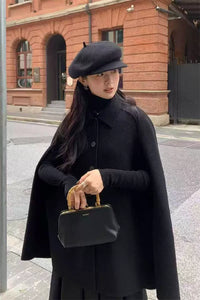 Women's Black Shawl-Collar Cloak Coat | Double-Faced Cashmere & Wool Blend | New Autumn/Winter | Noble Lady Elegant High-End Style