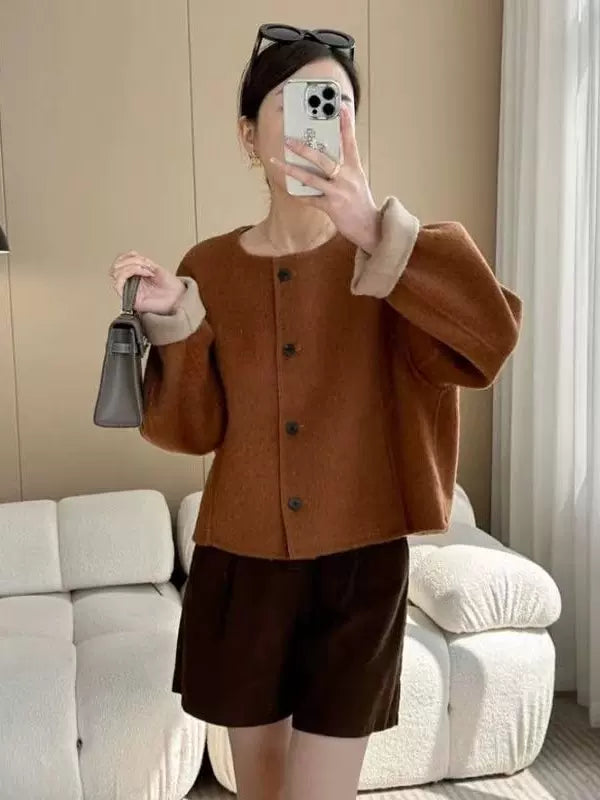 Women's 2025 Autumn Short Double-faced Wool Coat | Retro Color-blocking High-end Tweed Round Neck Slim Outerwear