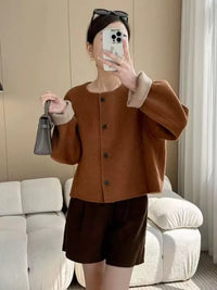 Women's 2025 Autumn Short Double-faced Wool Coat | Retro Color-blocking High-end Tweed Round Neck Slim Outerwear