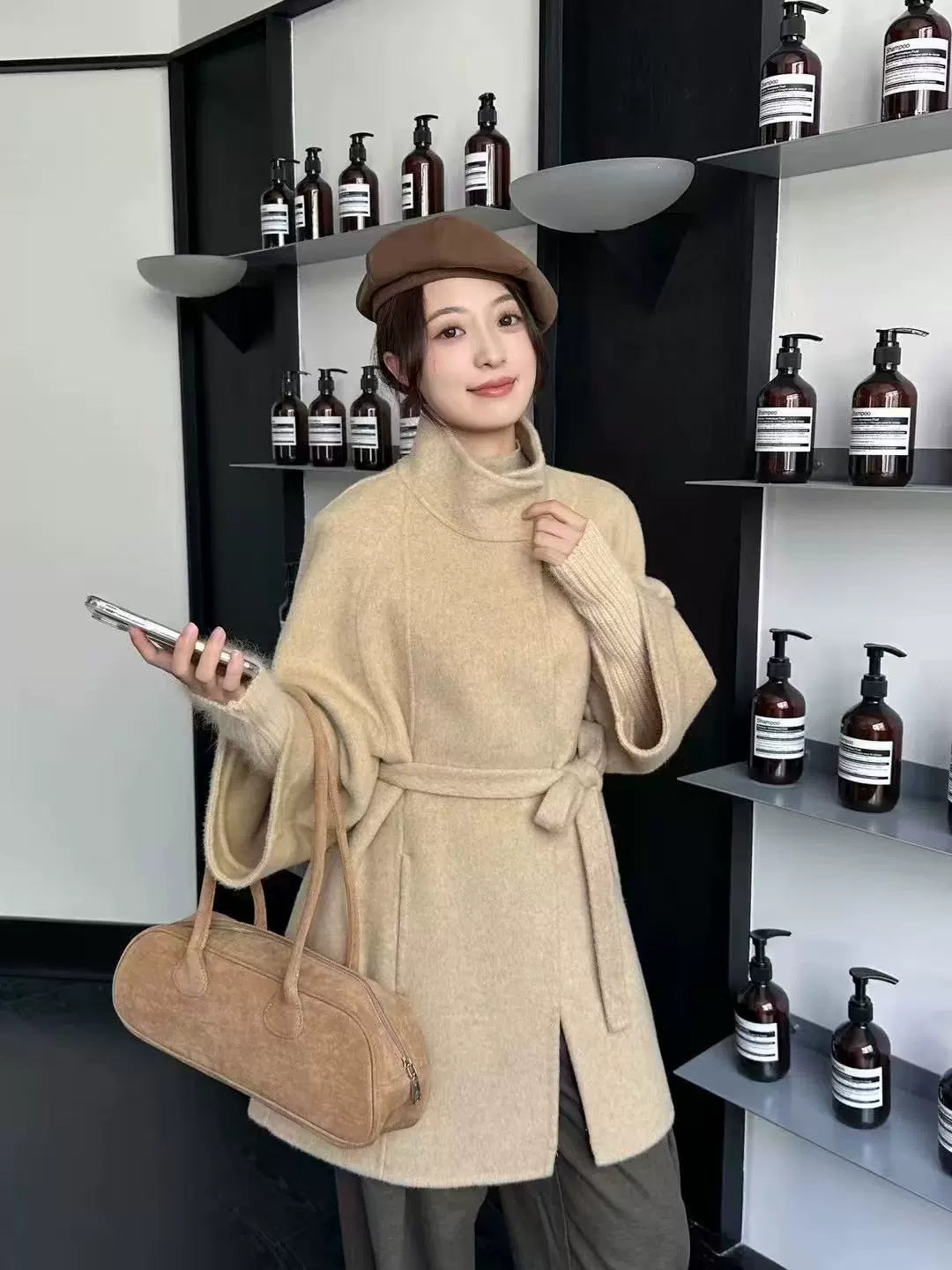 Women's High-End Double-Faced Cashmere Coat, New Autumn & Winter Style, Korean Version, Loose Cloak with Stand Collar, Waist-Tie Slim-Fit Design
