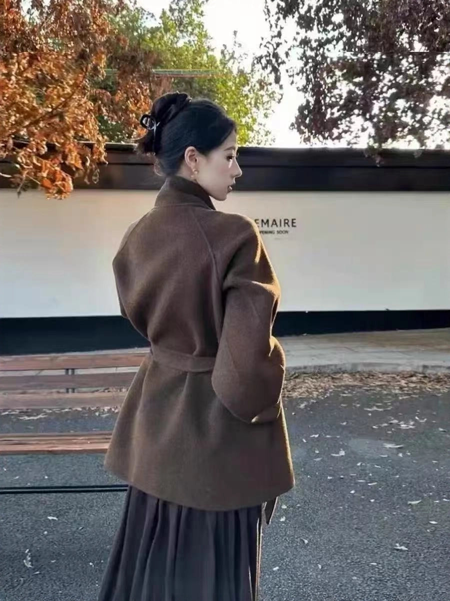 2025 AW New Women's Stand-Collar Double-Sided Cashmere Coat - Short Belted Woolen Outerwear