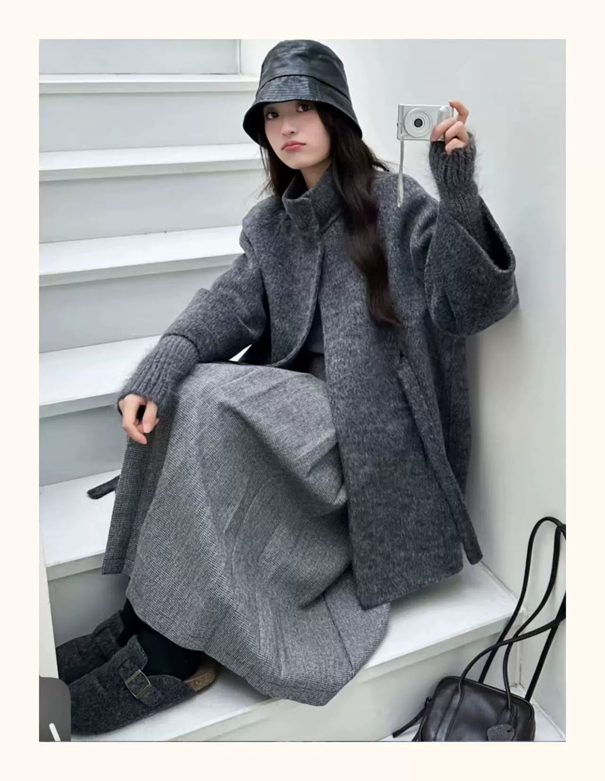 Women's High-End Double-Faced Cashmere Coat, New Autumn & Winter Style, Korean Version, Loose Cloak with Stand Collar, Waist-Tie Slim-Fit Design
