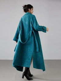Fineryclothes Women's High-end Mid-length Blue Double-sided Cashmere Coat | Casual Style, Classic Wide Lapel Woolen Outerwear