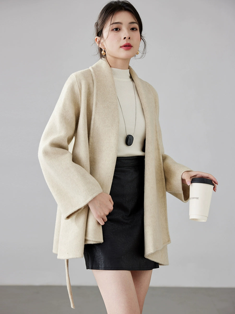 Women's 2025 A/W New Korean Petite Double-sided Cashmere Coat | Robe-style Tie Waist Woolen Outerwear