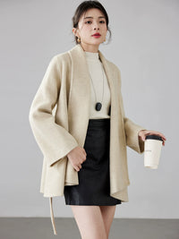 Women's 2025 A/W New Korean Petite Double-sided Cashmere Coat | Robe-style Tie Waist Woolen Outerwear
