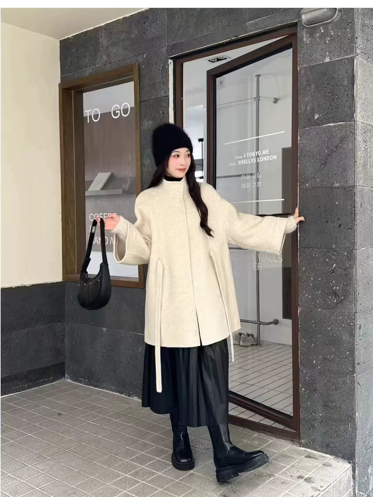 Women's High-End Double-Faced Cashmere Coat, New Autumn & Winter Style, Korean Version, Loose Cloak with Stand Collar, Waist-Tie Slim-Fit Design