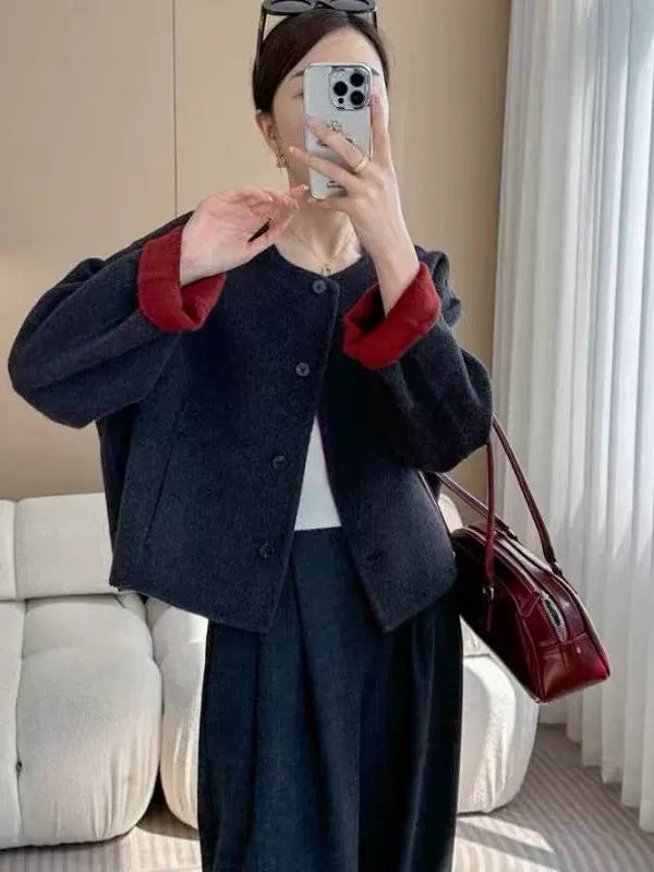 Women's 2025 Autumn Short Double-faced Wool Coat | Retro Color-blocking High-end Tweed Round Neck Slim Outerwear