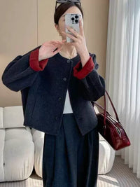 Women's 2025 Autumn Short Double-faced Wool Coat | Retro Color-blocking High-end Tweed Round Neck Slim Outerwear