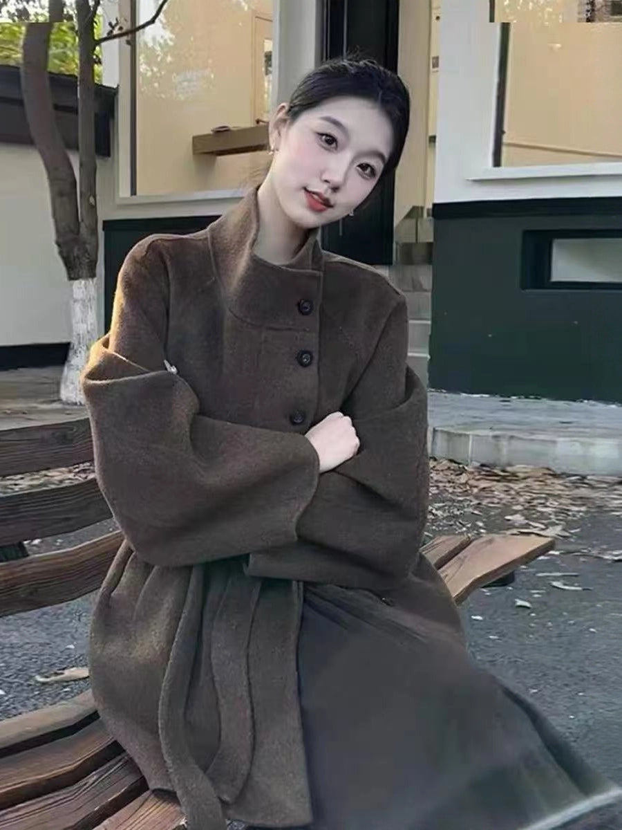 2025 AW New Women's Stand-Collar Double-Sided Cashmere Coat - Short Belted Woolen Outerwear