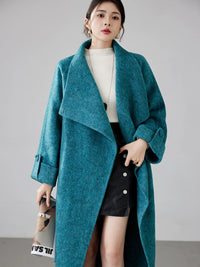 Fineryclothes Women's High-end Mid-length Blue Double-sided Cashmere Coat | Casual Style, Classic Wide Lapel Woolen Outerwear