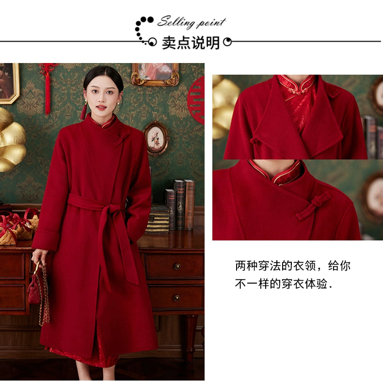 Women's 2025 A/W New Chinese National Wind Black Double-sided Cashmere Coat | Retro Button Mid-length Woolen Outerwear
