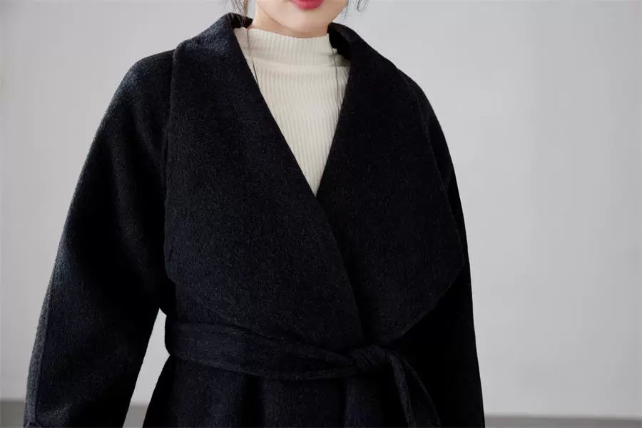 Fineryclothes Women's High-end Mid-length Blue Double-sided Cashmere Coat | Casual Style, Classic Wide Lapel Woolen Outerwear