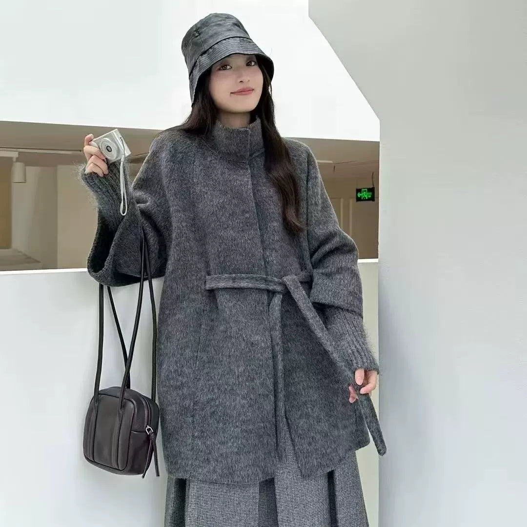 Women's High-End Double-Faced Cashmere Coat, New Autumn & Winter Style, Korean Version, Loose Cloak with Stand Collar, Waist-Tie Slim-Fit Design