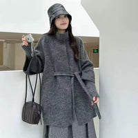 Women's High-End Double-Faced Cashmere Coat, New Autumn & Winter Style, Korean Version, Loose Cloak with Stand Collar, Waist-Tie Slim-Fit Design