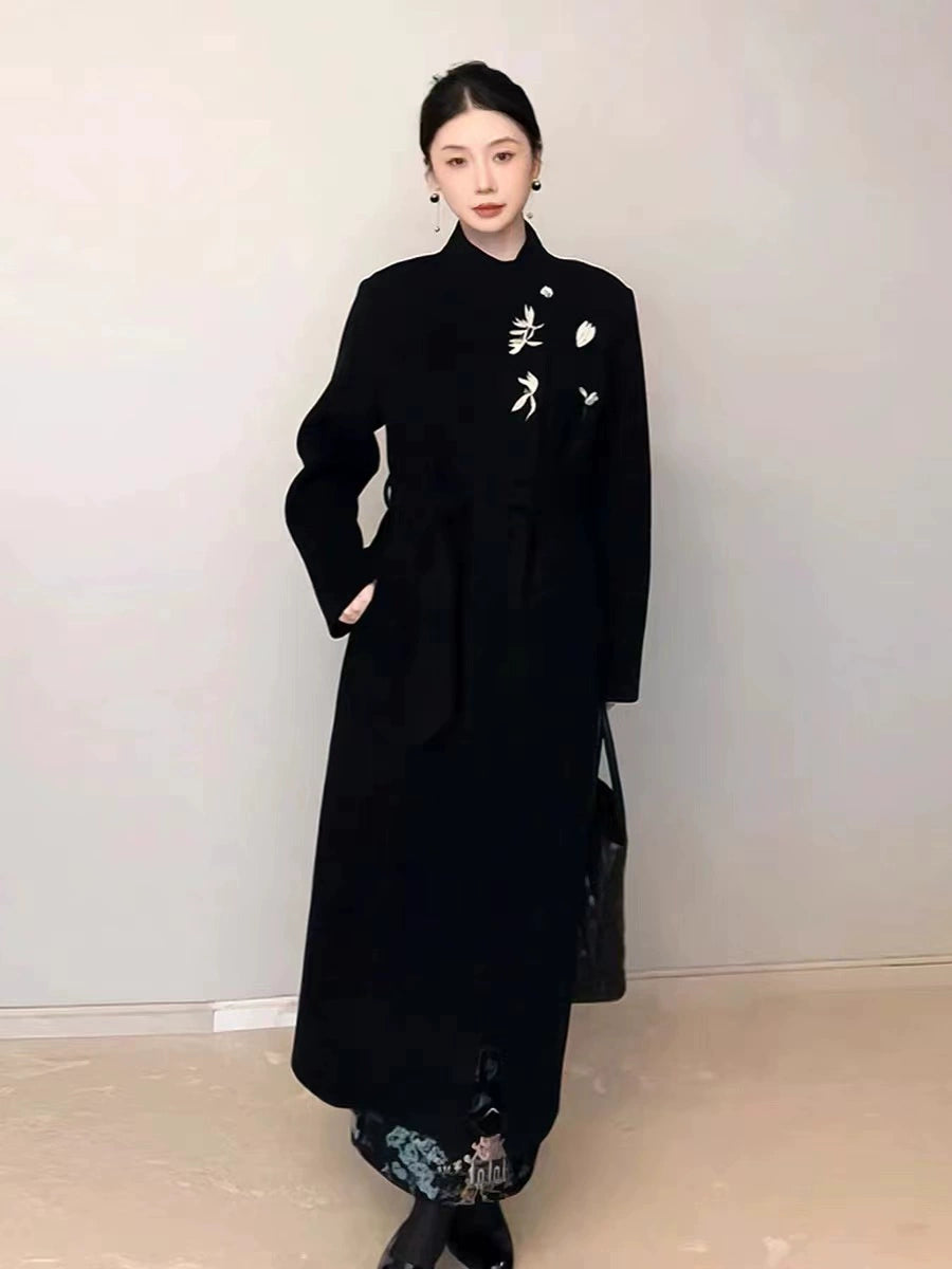 Women's 2025 A/W New Chinese Stand-up Collar Double-faced Cashmere Coat | Embroidered Long Woolen Outerwear