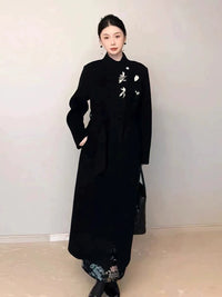 Women's 2025 A/W New Chinese Stand-up Collar Double-faced Cashmere Coat | Embroidered Long Woolen Outerwear