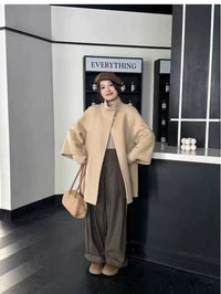 Women's High-End Double-Faced Cashmere Coat, New Autumn & Winter Style, Korean Version, Loose Cloak with Stand Collar, Waist-Tie Slim-Fit Design