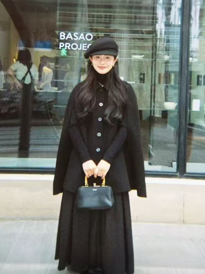 Women's Black Shawl-Collar Cloak Coat | Double-Faced Cashmere & Wool Blend | New Autumn/Winter | Noble Lady Elegant High-End Style