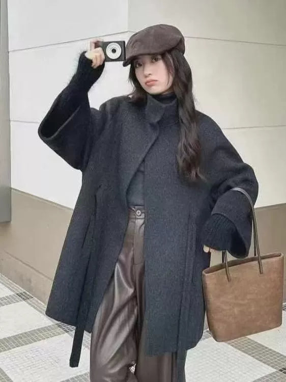 Women's High-End Double-Faced Cashmere Coat, New Autumn & Winter Style, Korean Version, Loose Cloak with Stand Collar, Waist-Tie Slim-Fit Design