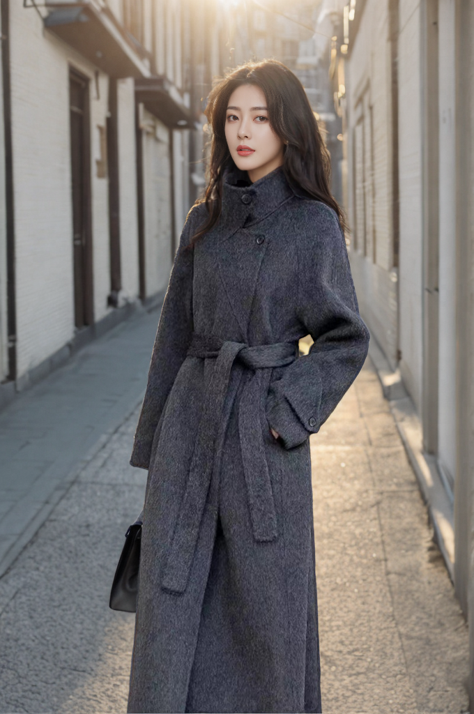 Women's 2025 A/W New High-end Stand-up Collar Double-faced Cashmere Coat |Loose Waist-cinching Mid-length Outerwear