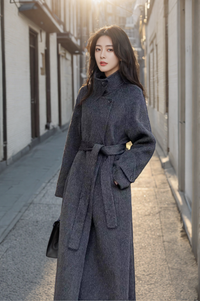 Women's 2025 A/W New High-end Stand-up Collar Double-faced Cashmere Coat |Loose Waist-cinching Mid-length Outerwear