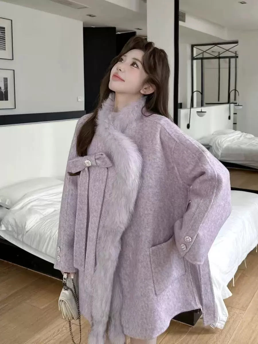 2025 Autumn & Winter New Women's Double-Sided Cashmere Coat with Purple Fox Fur Collar - Elegant Bow-Detailed Woolen Outerwear