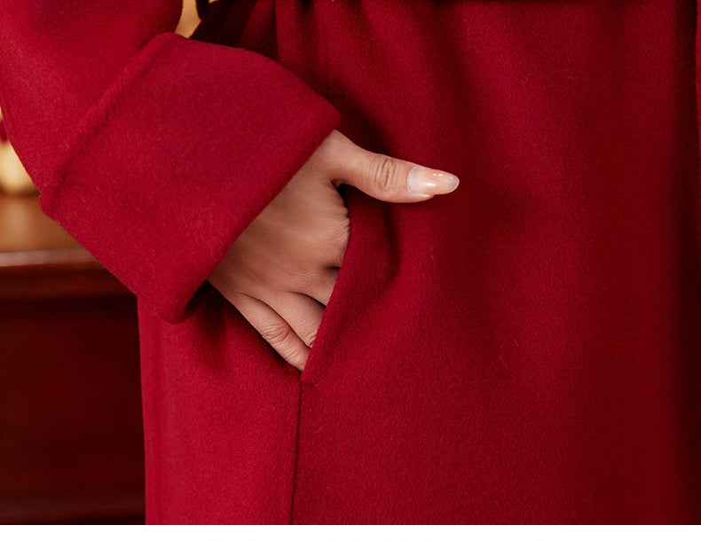 Women's 2025 A/W New Chinese National Wind Black Double-sided Cashmere Coat | Retro Button Mid-length Woolen Outerwear