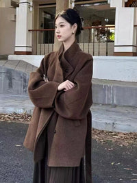 2025 AW New Women's Stand-Collar Double-Sided Cashmere Coat - Short Belted Woolen Outerwear
