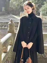 Women's Black Shawl-Collar Cloak Coat | Double-Faced Cashmere & Wool Blend | New Autumn/Winter | Noble Lady Elegant High-End Style