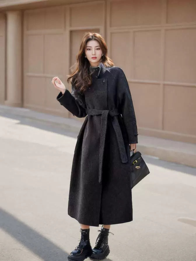 Women's 2025 A/W New High-end Stand-up Collar Double-faced Cashmere Coat |Loose Waist-cinching Mid-length Outerwear
