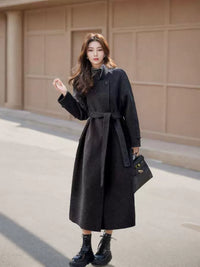 Women's 2025 A/W New High-end Stand-up Collar Double-faced Cashmere Coat |Loose Waist-cinching Mid-length Outerwear