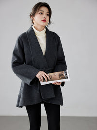 Women's 2025 A/W New Korean Petite Double-sided Cashmere Coat | Robe-style Tie Waist Woolen Outerwear