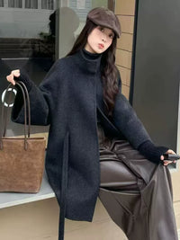 Women's High-End Double-Faced Cashmere Coat, New Autumn & Winter Style, Korean Version, Loose Cloak with Stand Collar, Waist-Tie Slim-Fit Design
