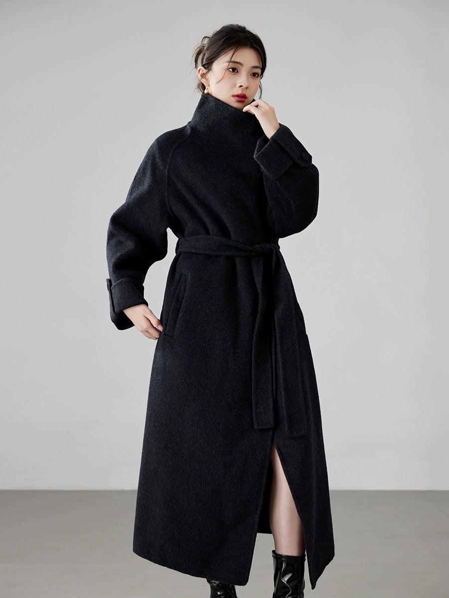 Fineryclothes Women's High-end Mid-length Blue Double-sided Cashmere Coat | Casual Style, Classic Wide Lapel Woolen Outerwear