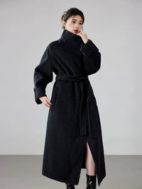 Fineryclothes Women's High-end Mid-length Blue Double-sided Cashmere Coat | Casual Style, Classic Wide Lapel Woolen Outerwear