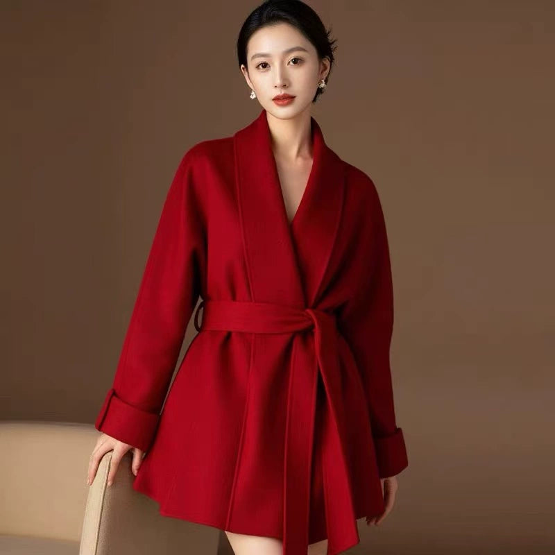 Women's Autumn Winter Petite Short Huarbao-style Collar Robe Coat | Double-sided Cashmere
