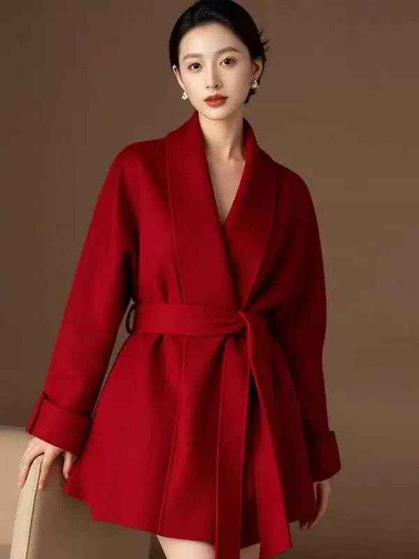 Women's Autumn Winter Petite Short Huarbao-style Collar Robe Coat | Double-sided Cashmere