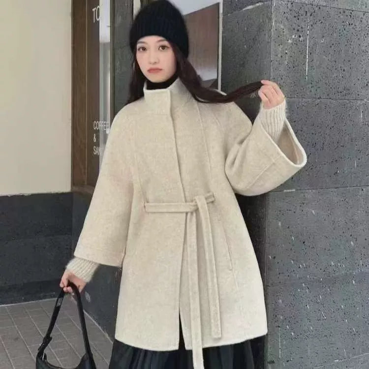 Women's High-End Double-Faced Cashmere Coat, New Autumn & Winter Style, Korean Version, Loose Cloak with Stand Collar, Waist-Tie Slim-Fit Design