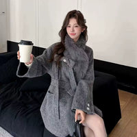 2025 Autumn & Winter New Women's Double-Sided Cashmere Coat with Purple Fox Fur Collar - Elegant Bow-Detailed Woolen Outerwear