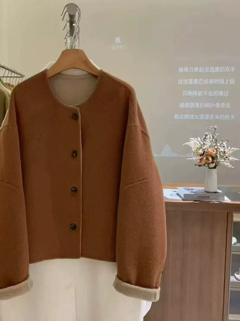 Women's 2025 Autumn Short Double-faced Wool Coat | Retro Color-blocking High-end Tweed Round Neck Slim Outerwear