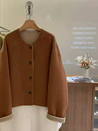 Women's 2025 Autumn Short Double-faced Wool Coat | Retro Color-blocking High-end Tweed Round Neck Slim Outerwear