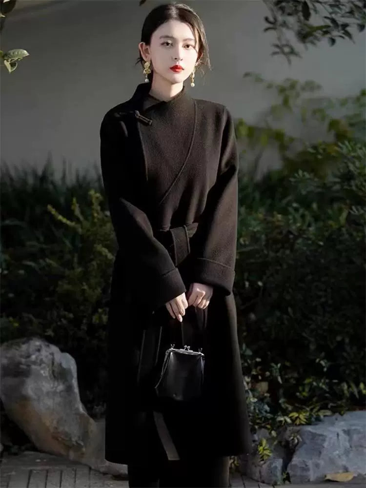 Women's 2025 A/W New Chinese National Wind Black Double-sided Cashmere Coat | Retro Button Mid-length Woolen Outerwear