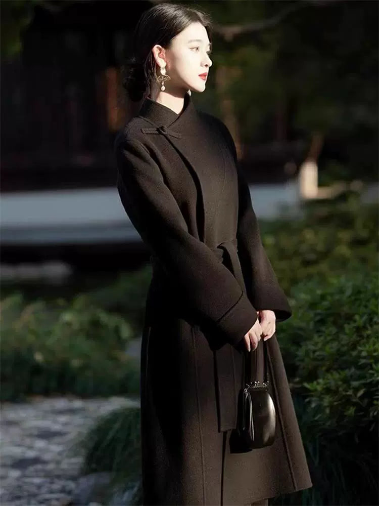 Women's 2025 A/W New Chinese National Wind Black Double-sided Cashmere Coat | Retro Button Mid-length Woolen Outerwear