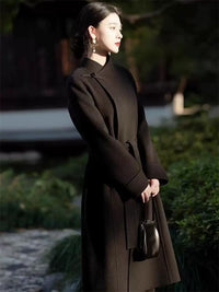 Women's 2025 A/W New Chinese National Wind Black Double-sided Cashmere Coat | Retro Button Mid-length Woolen Outerwear