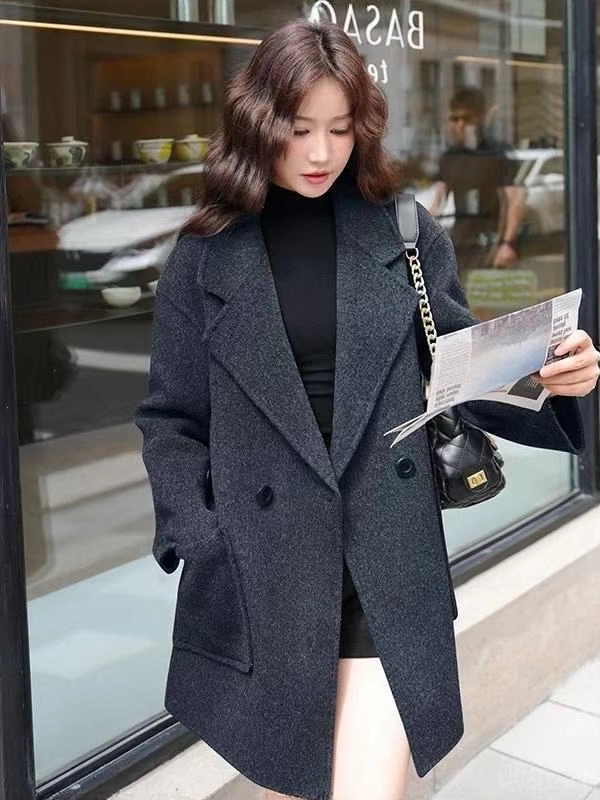 Women's Mid-Length Gray Double-Sided Cashmere Coat | New Autumn & Winter Style, High-End Korean Loose Fit, Woolen Outerwear for Petite Figures