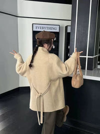 Women's High-End Double-Faced Cashmere Coat, New Autumn & Winter Style, Korean Version, Loose Cloak with Stand Collar, Waist-Tie Slim-Fit Design
