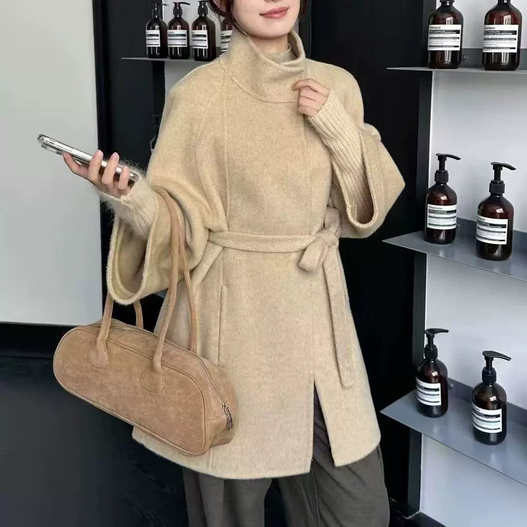 Women's High-End Double-Faced Cashmere Coat, New Autumn & Winter Style, Korean Version, Loose Cloak with Stand Collar, Waist-Tie Slim-Fit Design