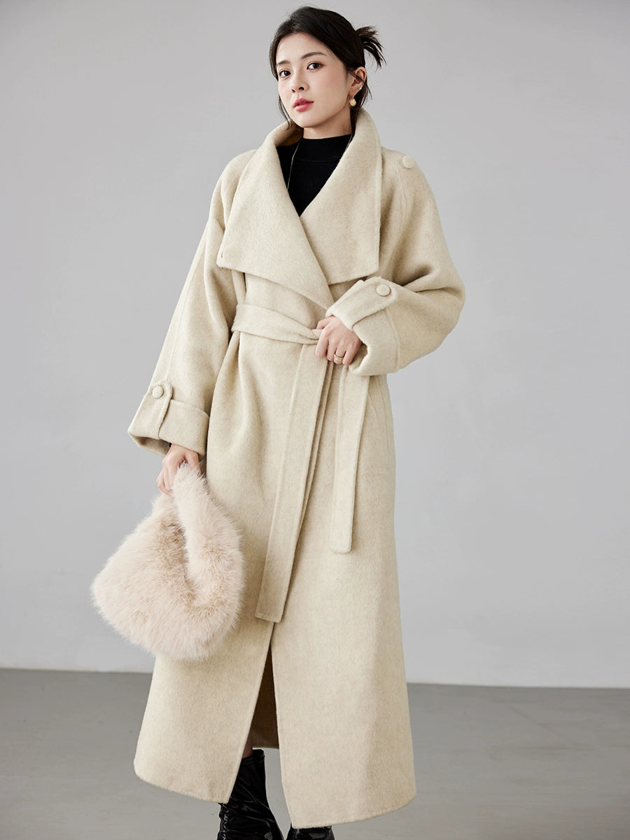 Fineryclothes Women's High-end Mid-length Blue Double-sided Cashmere Coat | Casual Style, Classic Wide Lapel Woolen Outerwear