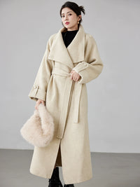 Fineryclothes Women's High-end Mid-length Blue Double-sided Cashmere Coat | Casual Style, Classic Wide Lapel Woolen Outerwear